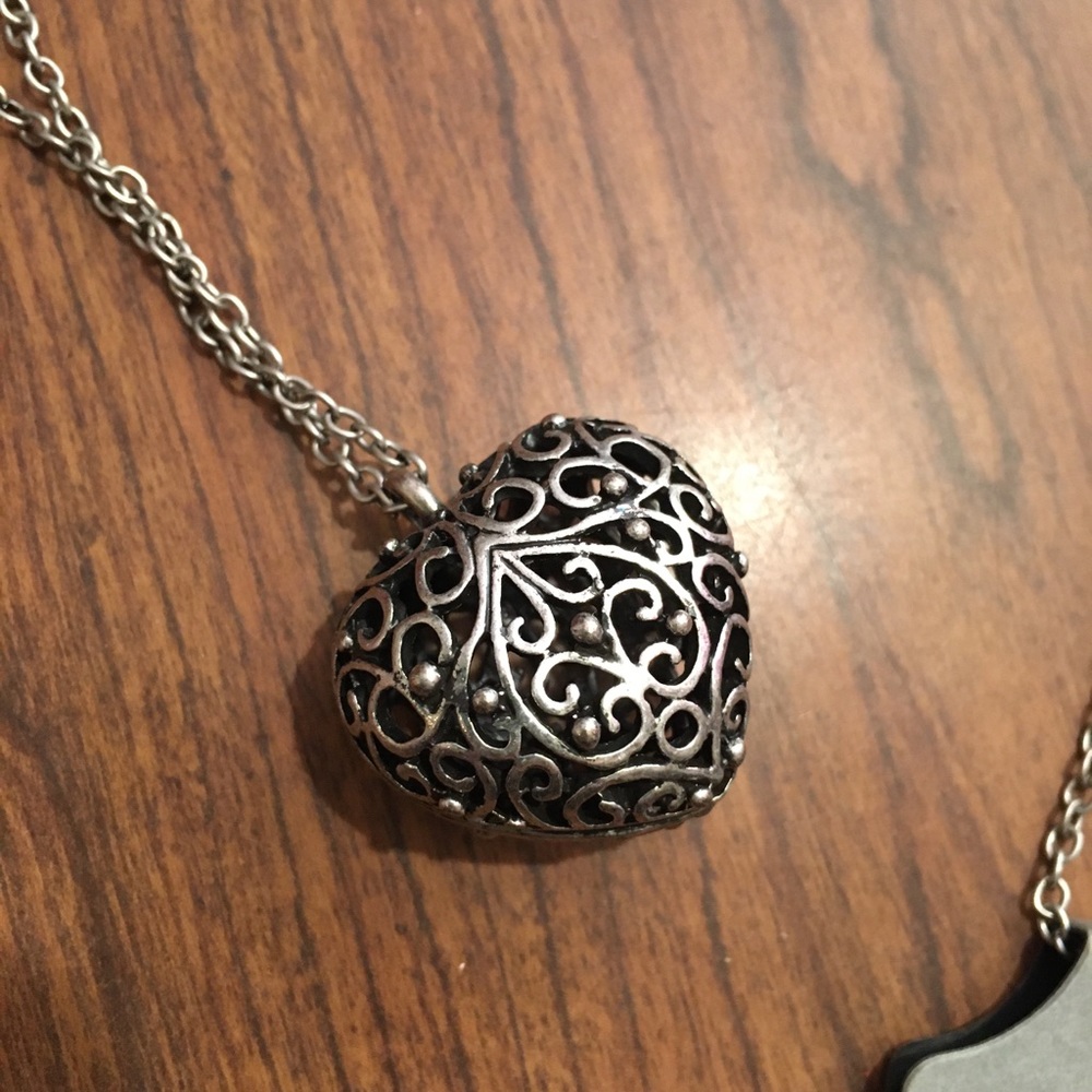 Silver tone filigree pomander necklace